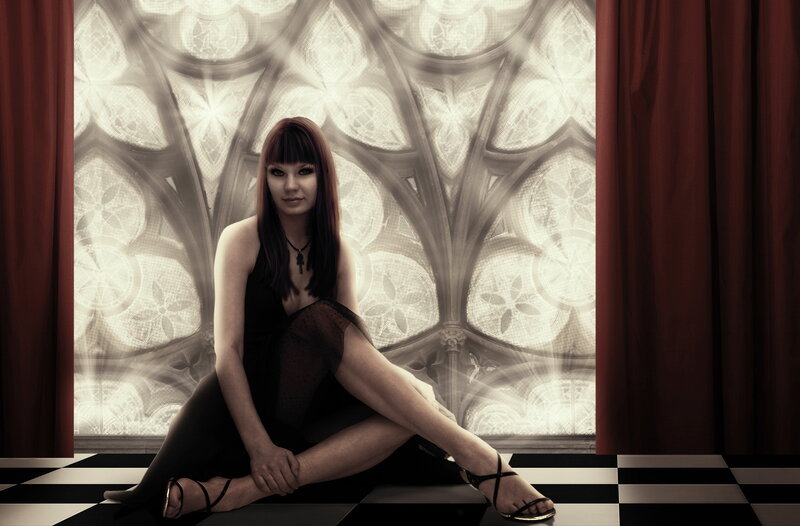 Woman Sitting on Floor — Black, Dramatic, Digital Art, Curtains