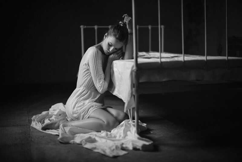 Woman Sitting on Floor — Black, Dramatic, Night, Photograph, Bed