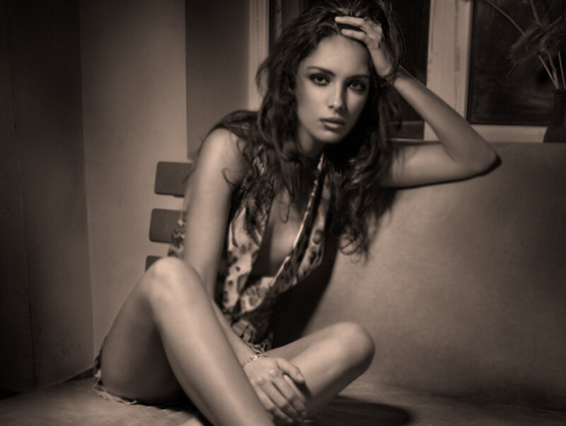 Woman Sitting on Floor — Black, Dramatic, Photograph