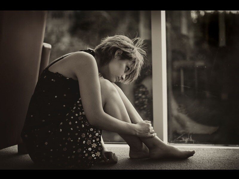 Woman Sitting on Floor — Black, Melancholic, Photograph