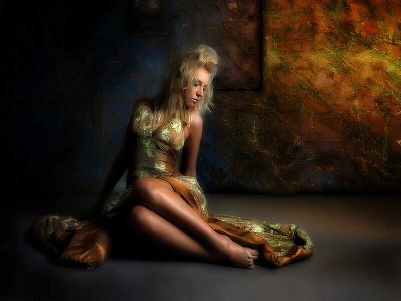 Woman Sitting on Floor — Brown, Dramatic, Photograph, Dress