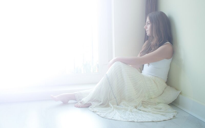 Woman Sitting on Floor — White, Serene, Morning, Photograph