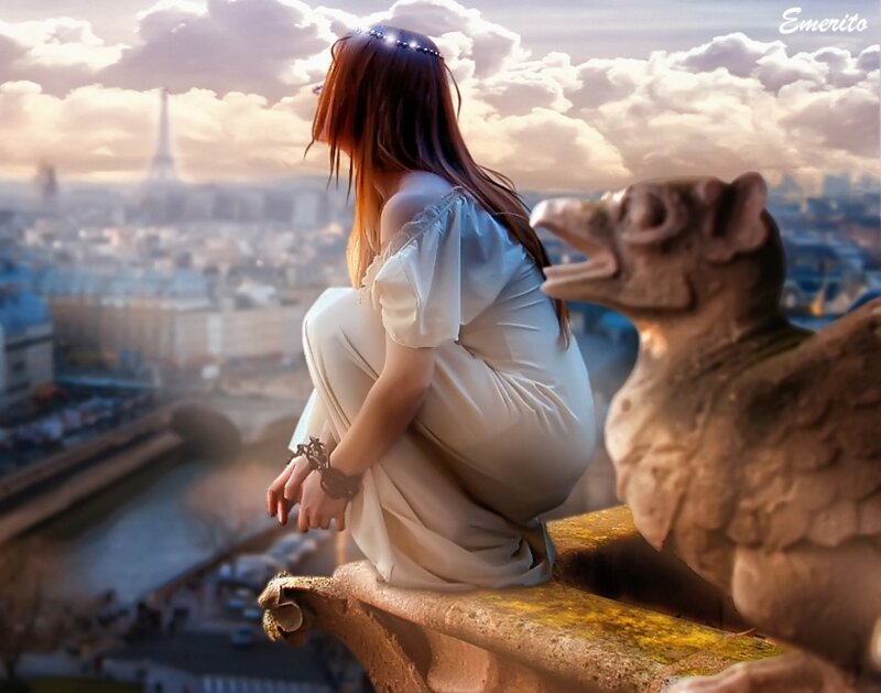 Woman Sitting on Gargoyle — White