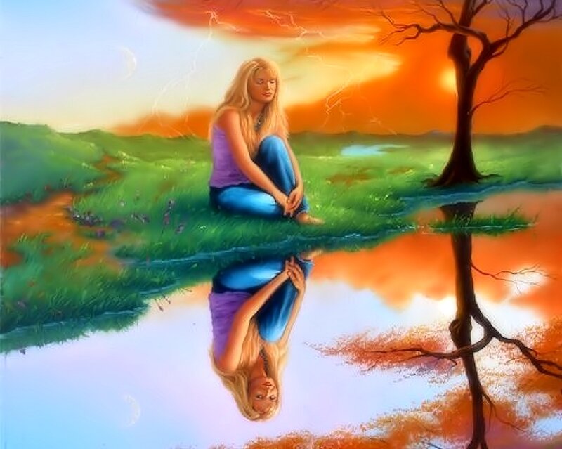 Woman Sitting on Grass — Green, Dramatic