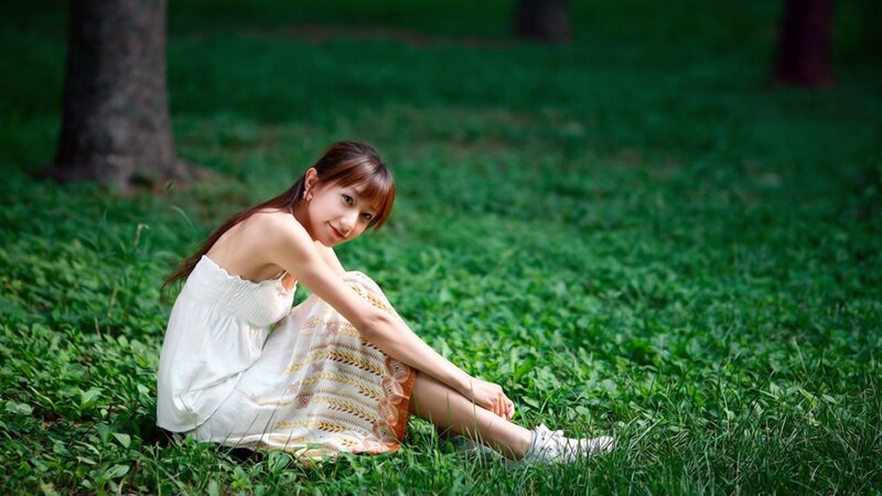 Woman Sitting on Grass — Green, Serene, Afternoon, Photograph, Tree