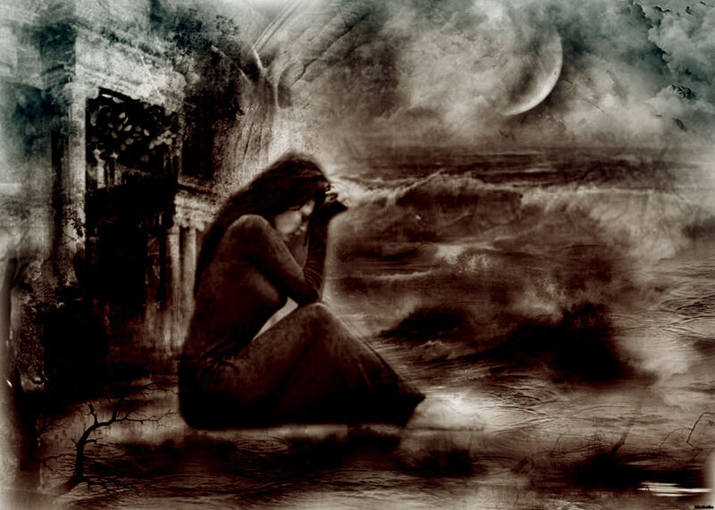 Woman Sitting on Ground — Brown, Dramatic