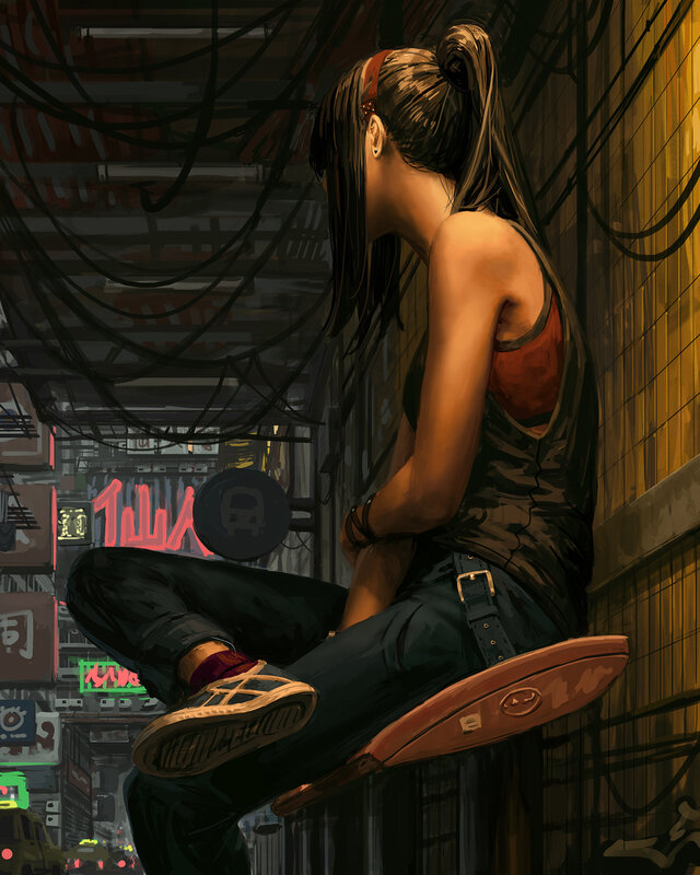 Woman Sitting on Ledge — Brown