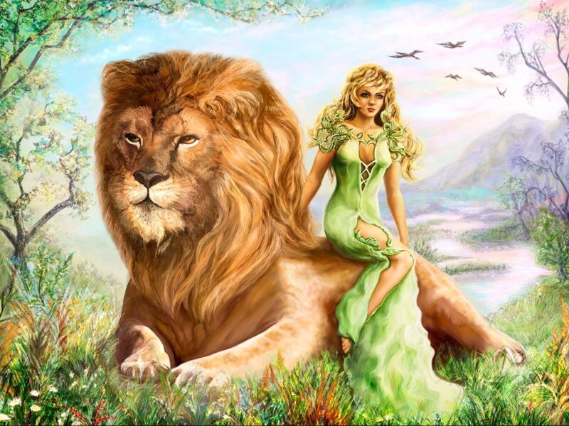 Woman Sitting on Lion — Green