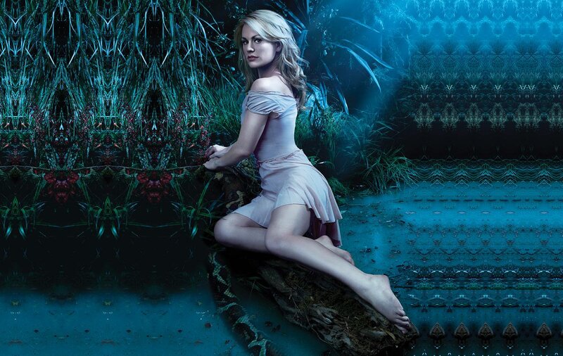 Woman Sitting on Log — Blue