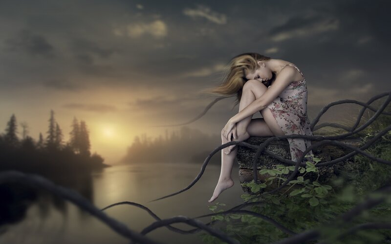 Woman Sitting on Log — Gray