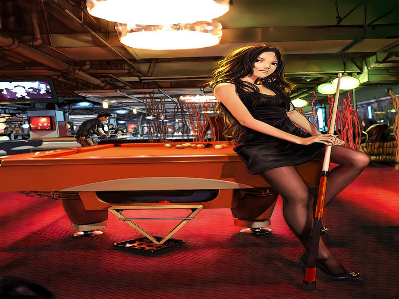 Woman Sitting on Pool Table — Red