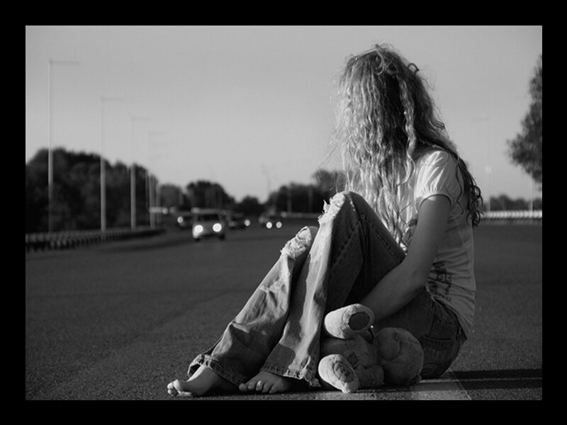 Woman Sitting on Road — Black, Melancholic