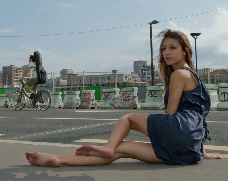 Woman Sitting on Road — Blue, Calm
