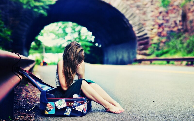 Woman Sitting on Road — Blue, Melancholic
