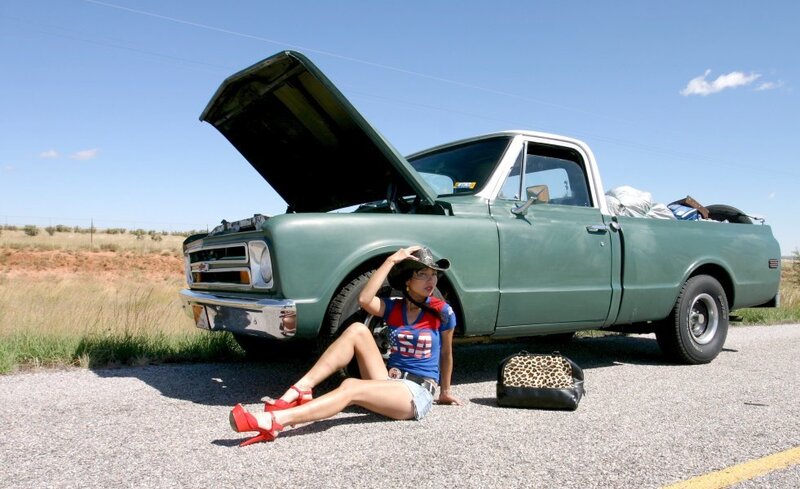 Woman Sitting on Road — Green