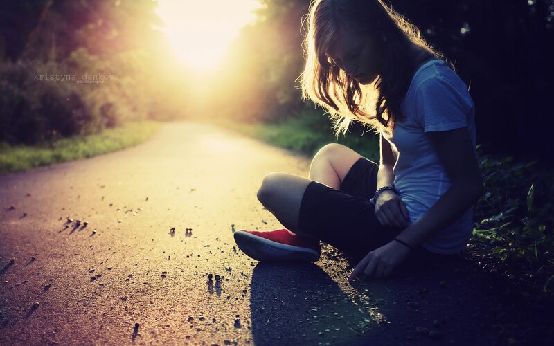 Woman Sitting on Road — Yellow, Dramatic