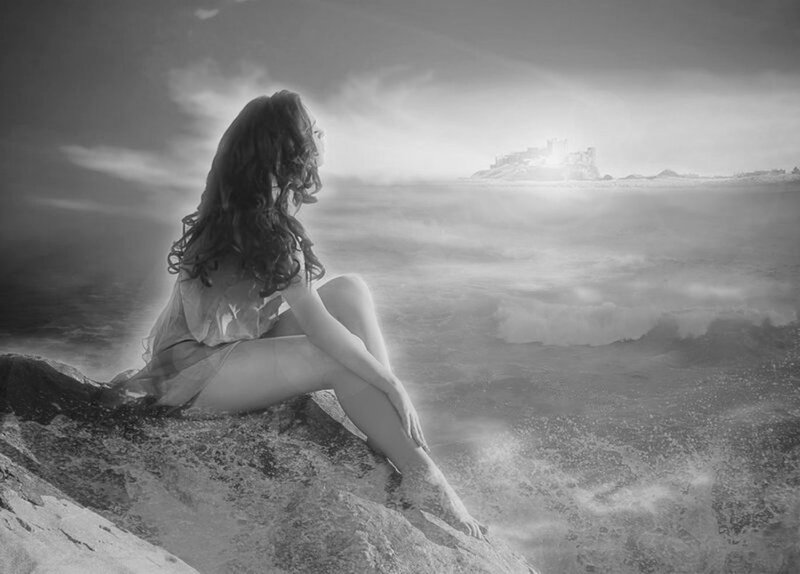 Woman Sitting on Rock — Black, Dramatic, Digital Art