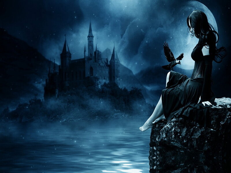 Woman Sitting on Rock — Blue, Dramatic, Night, Digital Art, Castle