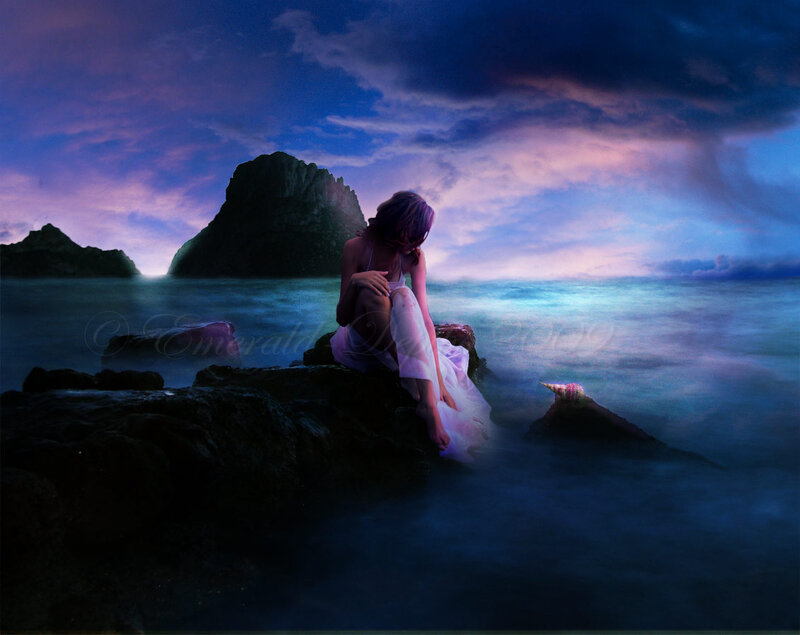 Woman Sitting on Rock — Blue, Dramatic, Night, Digital Art
