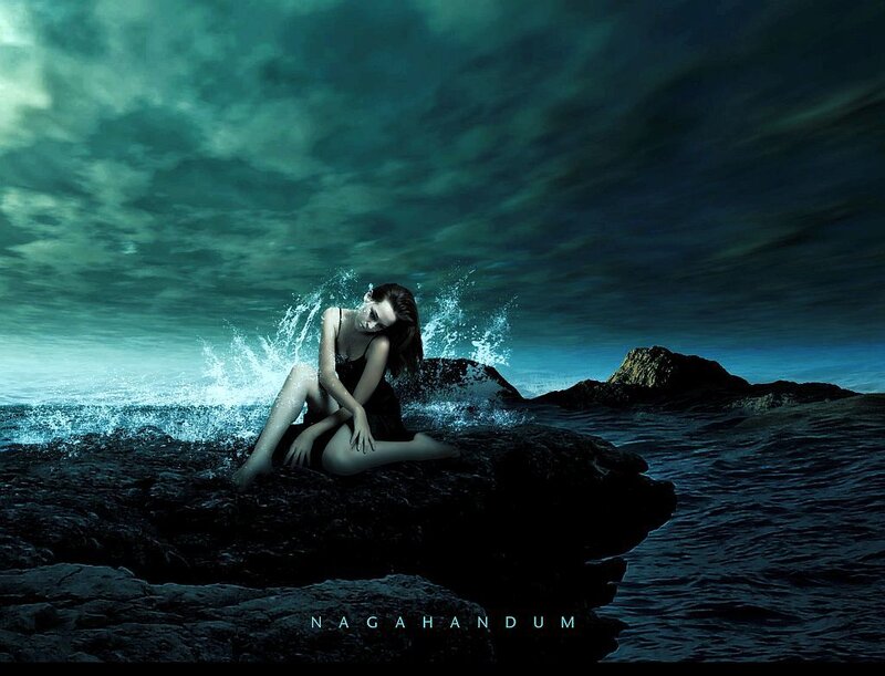 Woman Sitting on Rock — Blue, Dramatic, Night