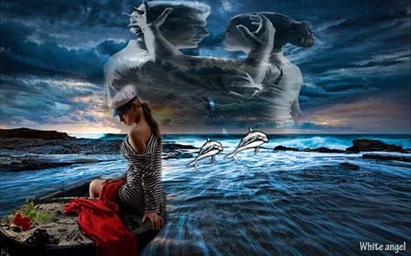 Woman Sitting on Rock — Blue, Dramatic, Sunset, Digital Art