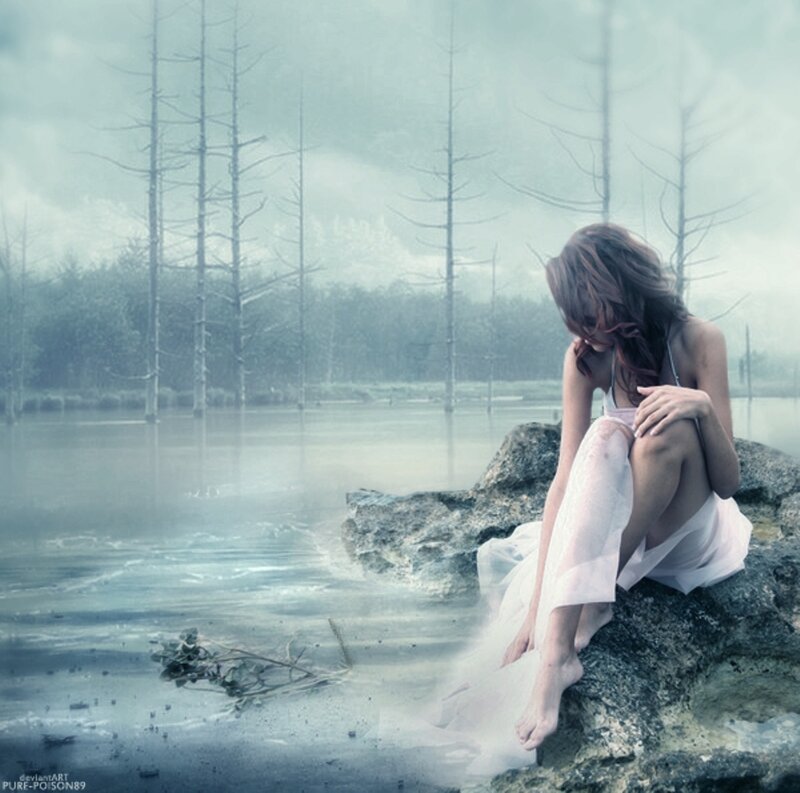 Woman Sitting on Rock — Blue, Melancholic