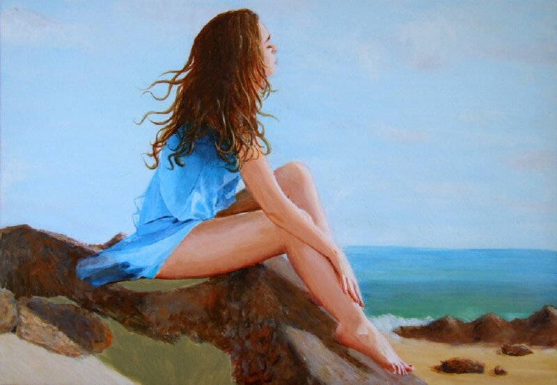 Woman Sitting on Rock — Blue, Serene