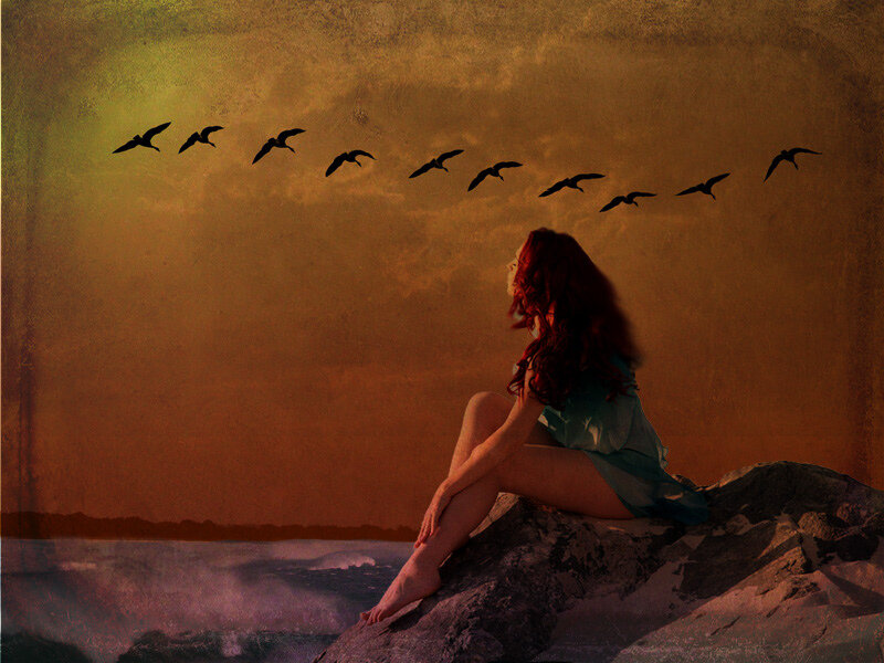 Woman Sitting on Rock — Brown, Dramatic