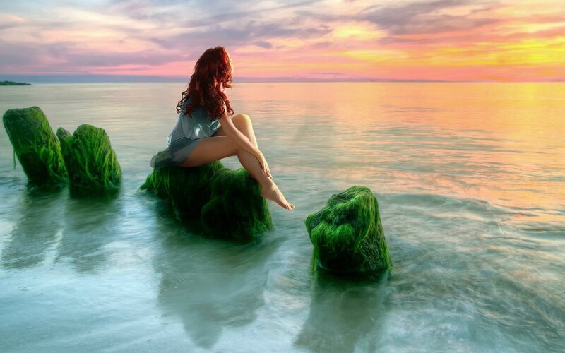 Woman Sitting on Rock — Green, Serene, Sunset, Digital Art