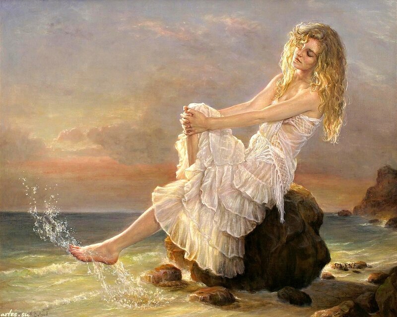 Woman Sitting on Rock — White, Serene, Sunset