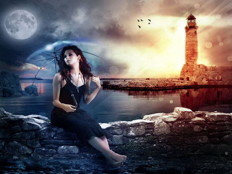 Woman Sitting on Rocks — Black, Dramatic, Night