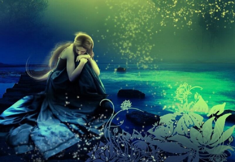 Woman Sitting on Rocks — Blue, Dreamy