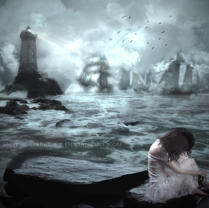 Woman Sitting on Rocks — Gray, Dramatic, Night