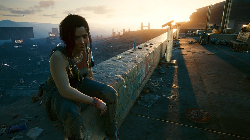 Woman Sitting on Rooftop — Gray, Dramatic