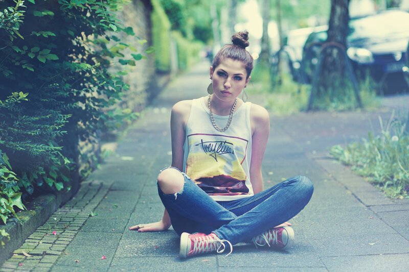 Woman Sitting on Sidewalk — Blue, Calm, Afternoon