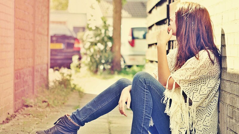 Woman Sitting on Sidewalk — Blue, Contemplative
