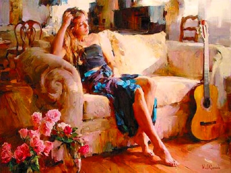 Woman Sitting on Sofa — Beige, Relaxed, Afternoon