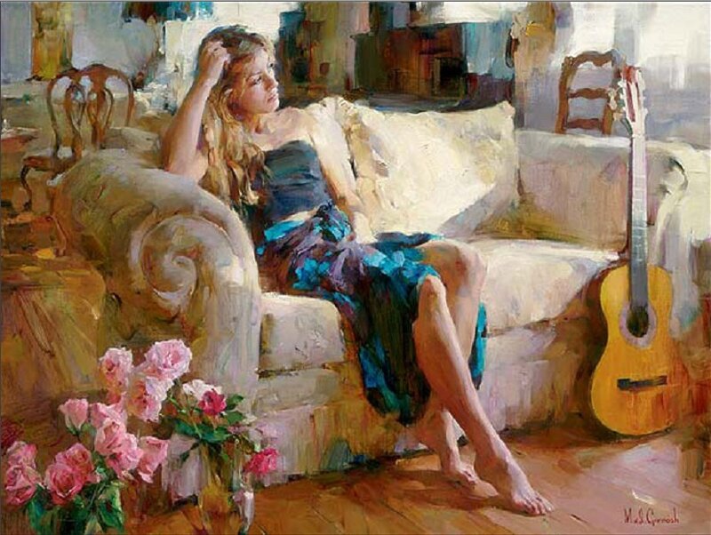 Woman Sitting on Sofa