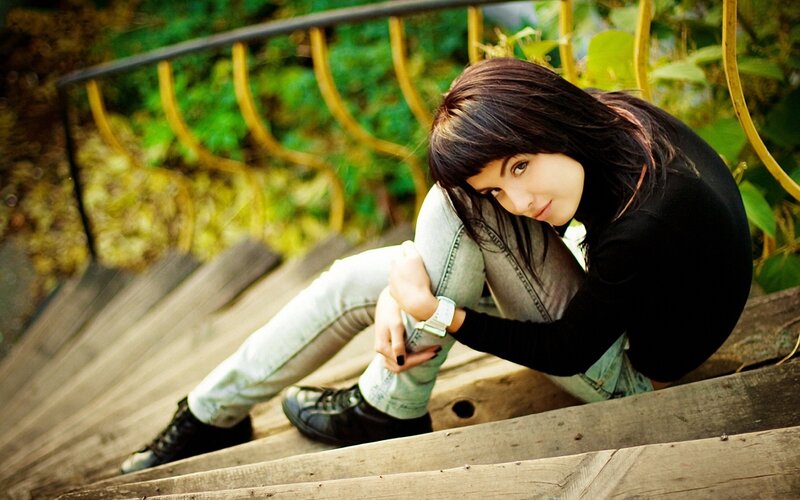 Woman Sitting on Stairs — Black, Contemplative, Afternoon, Photograph, Railing
