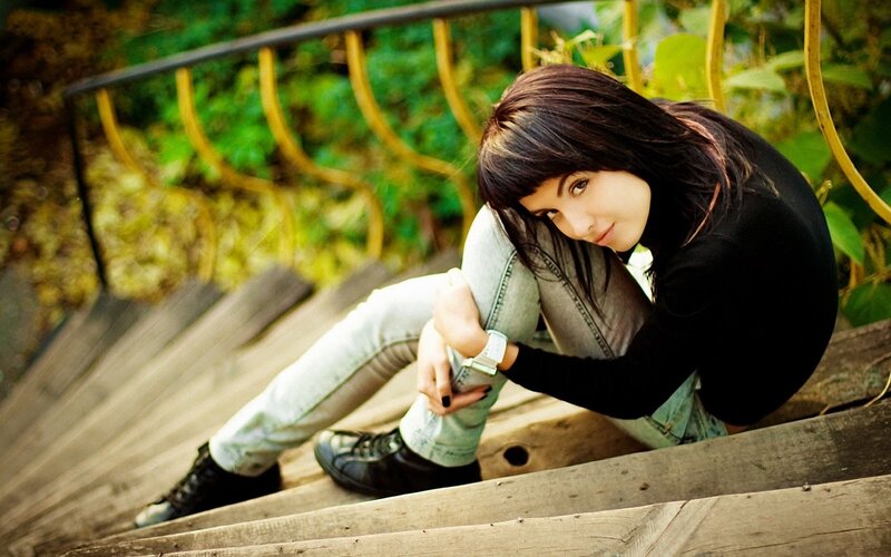 Woman Sitting on Stairs — Green, Calm