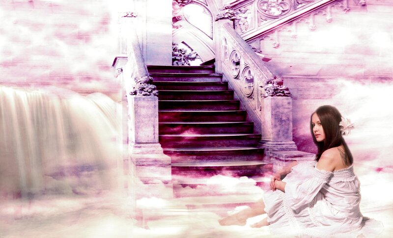 Woman Sitting on Stairs — Purple, Dreamy, Digital Art