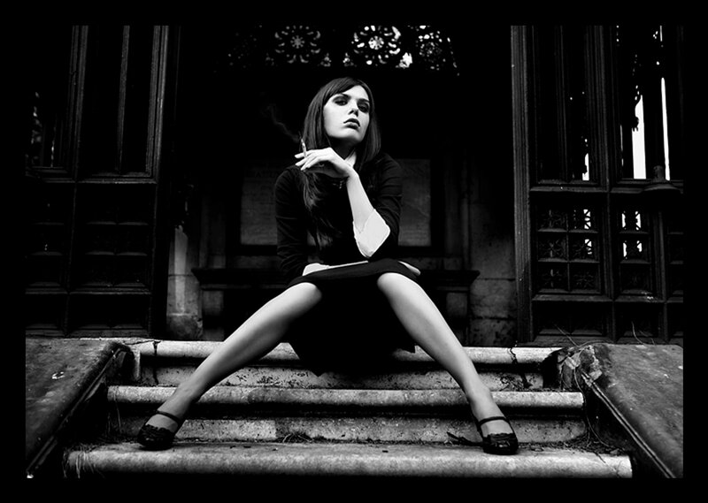 Woman Sitting on Steps — Black, Dramatic, Photograph, Cigarette