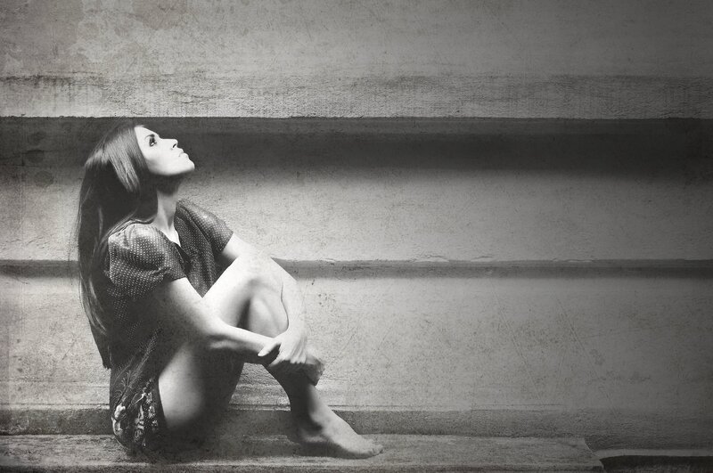 Woman Sitting on Steps — Black, Dramatic, Photograph, Wall