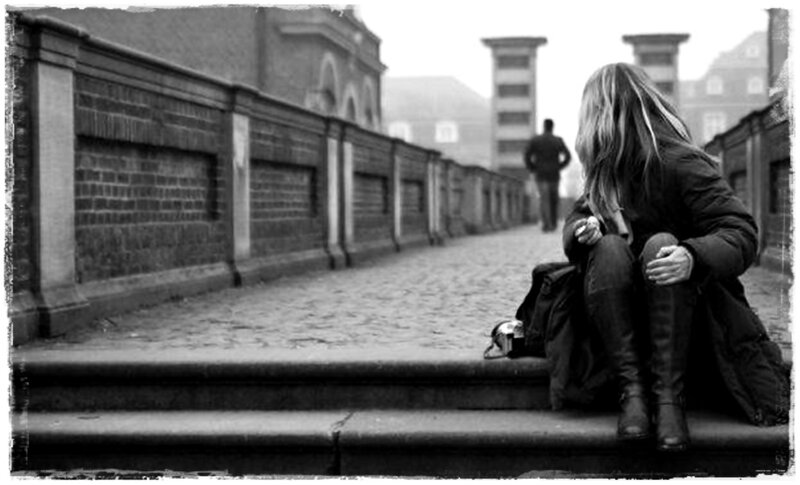 Woman Sitting on Steps — Black, Somber, Photograph