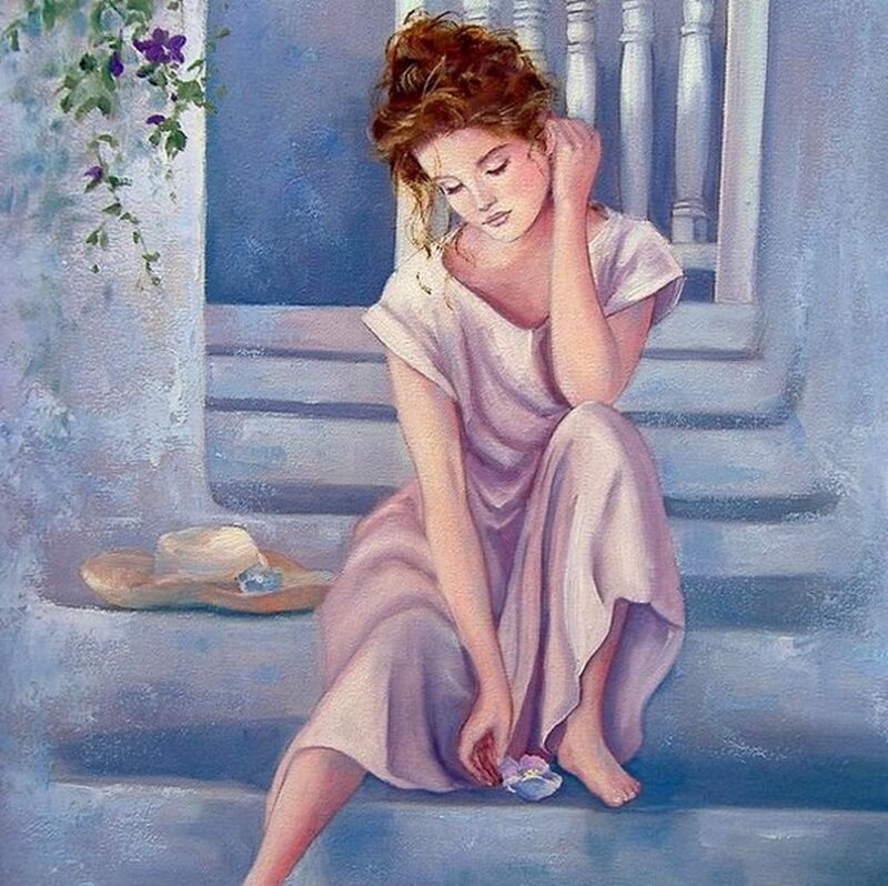 Woman Sitting on Steps — Blue, Calm