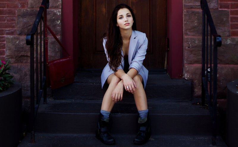 Woman Sitting on Steps — Gray, Contemplative, Afternoon