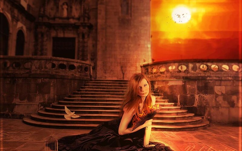 Woman Sitting on Steps — Orange, Dramatic