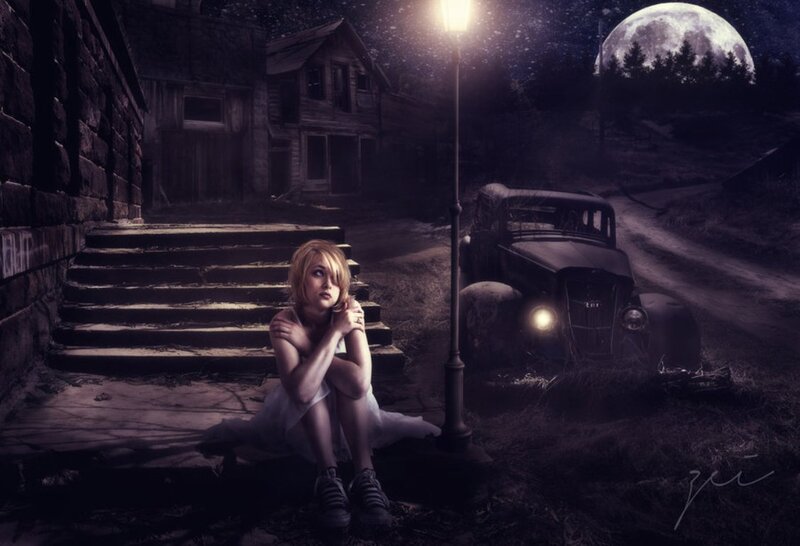 Woman Sitting on Steps — Purple, Dramatic