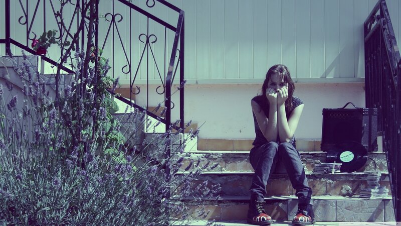 Woman Sitting on Steps — Purple, Melancholic