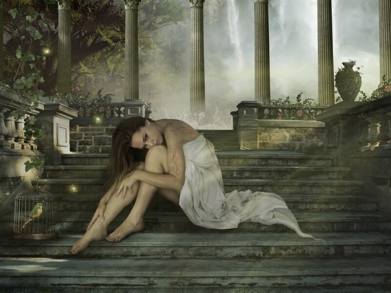 Woman Sitting on Steps — White, Melancholic, Digital Art